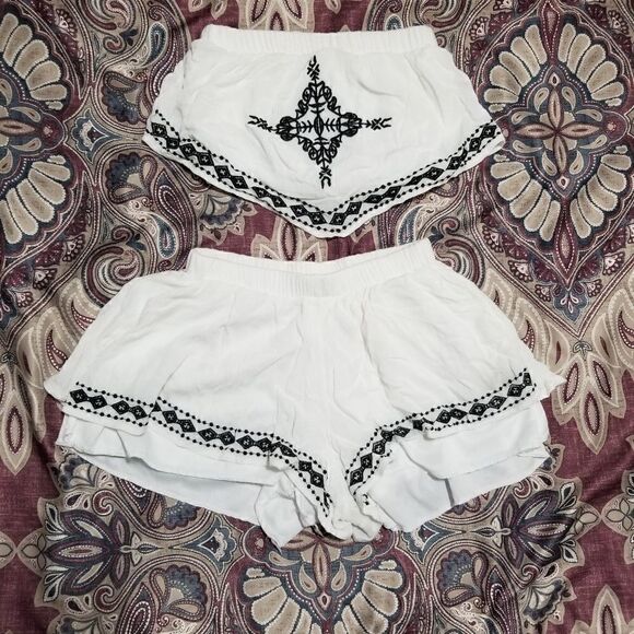 White Linen Like Embroidered Shabby Chic Boho Two Piece Tube Top & Shirts Set   - Picture 1 of 2